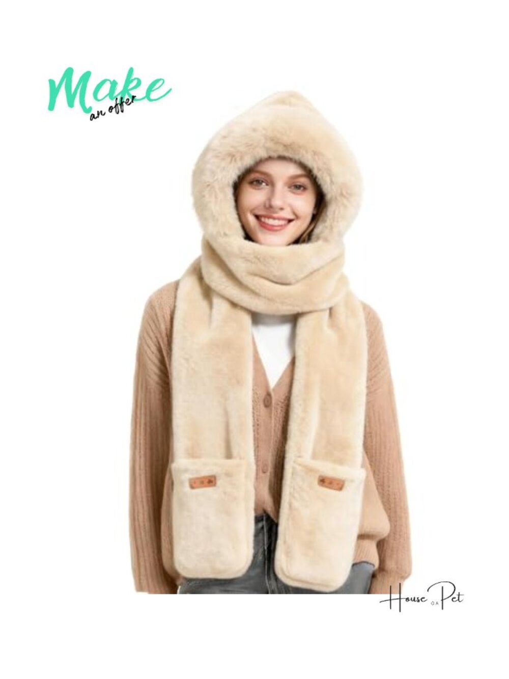 Faux Fur Hooded Scarf Hat Gloves 3 in 1 Winter Set
